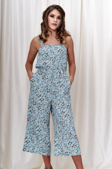 Blue Floral Print Wide Leg Jumpsuit Double Second